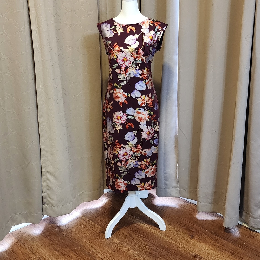 New York & Company Floral Metallic Midi Dress - Burgundy and Pink